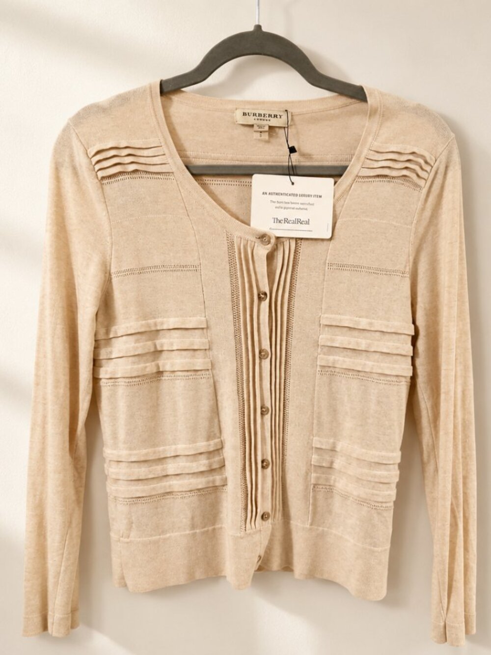 Burberry London Beige Cotton Cardigan S Pleated Knit Designer Sweater